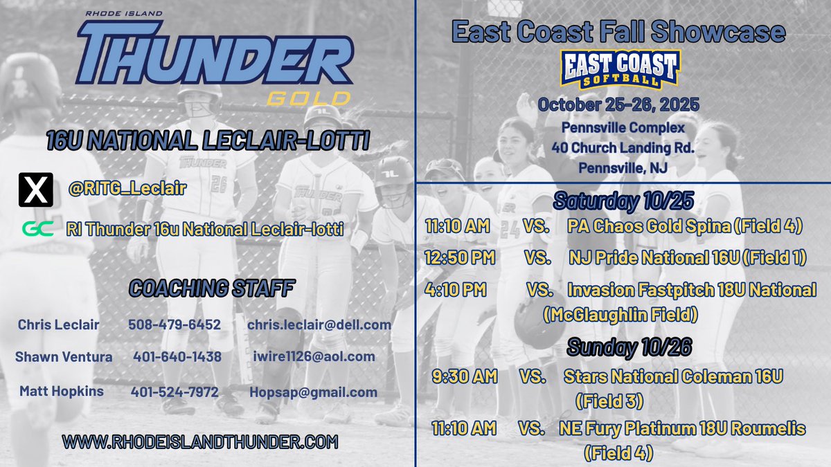 Schedule drop for this weekend, we are in New Jersey! I hope to see you there🥎🥎 <a href="/RITG_Leclair/">RI Thunder Gold 16u National Leclair-Lotti</a> <a href="/thunderjam134/">dave lotti</a> <a href="/BobRossiRITG/">Bob Rossi</a> <a href="/HopsAP/">HopsAP</a> <a href="/leclaircoach/">Chris Leclair</a> <a href="/ExtraInningSB/">EXTRA INNING SOFTBALL</a>