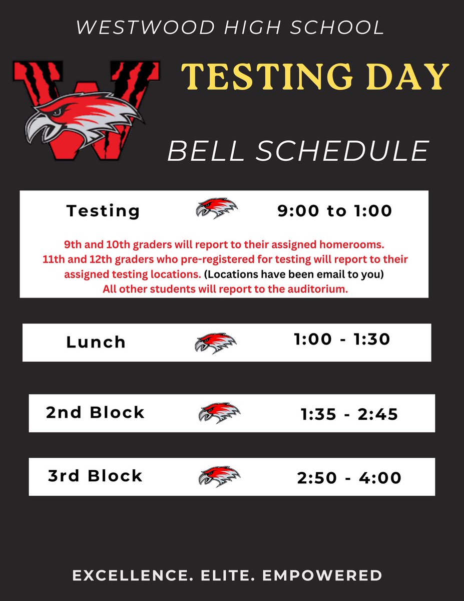 📣 Hey Redhawks!
Thursday, Oct. 23rd is Fall Testing Day!
✅ 9th–10th: PSAT (report to homeroom)
✅ 11th–12th: PSAT/SAT (if registered)
🎯 Others: 4Ezzz Experience Day

Check ParentSquare for full details. Let’s make it a great day, <a href="/WHS_Redhawks/">Westwood HS (SC)</a> ! 🔴🖤 #ExcellenceInAction