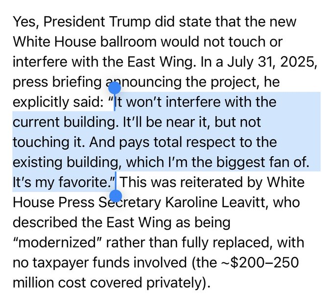 _aitchm's tweet photo. @CalltoActivism Not to worry, Trump said the ballroom won't interfere with the current building, and the cost will be "mostly covered privately." https://t.co/64AyA08zNA
