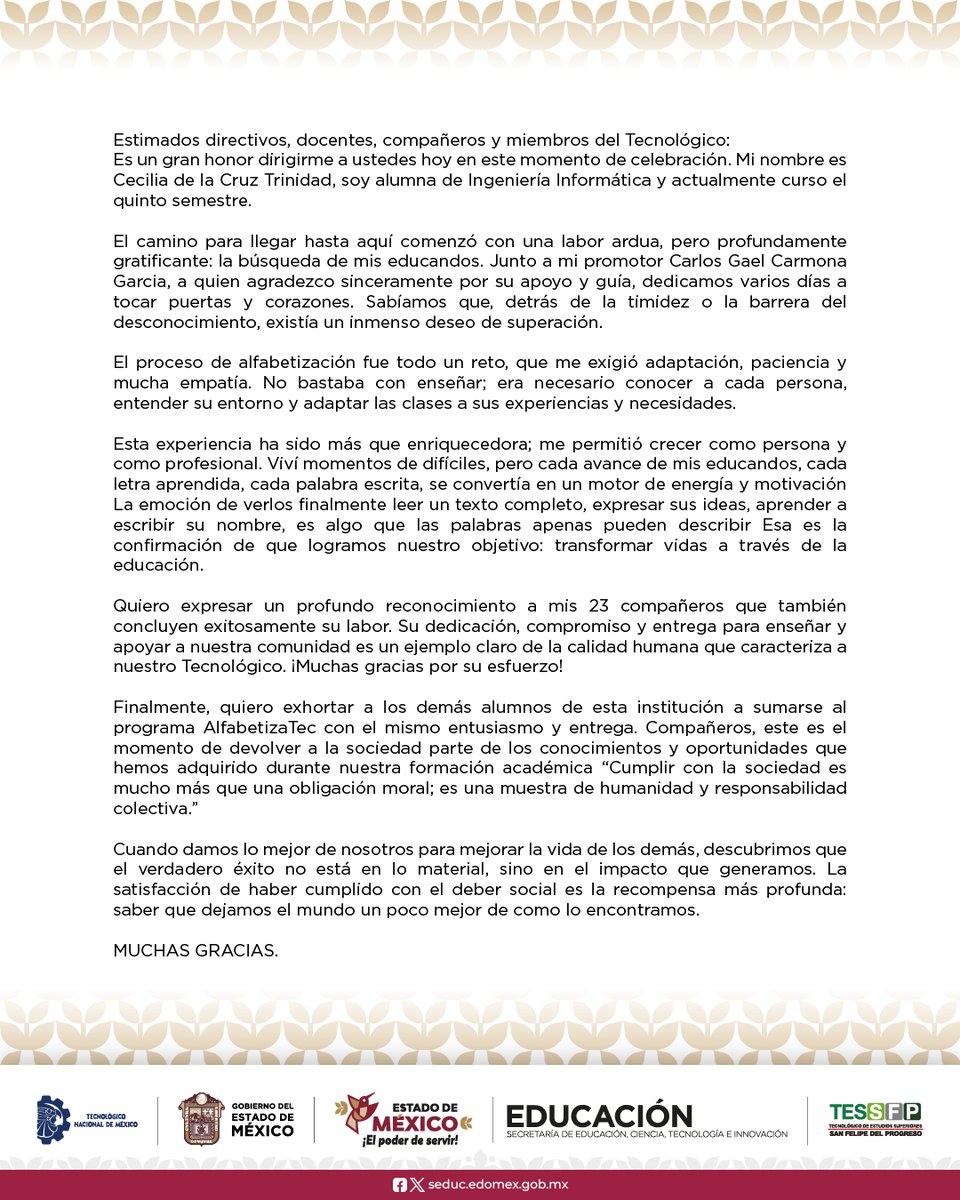 TESSFP_Edomex's tweet image. 🎓✨ Cecilia de la Cruz Trinidad, alumna de Ingeniería Informática del #TESSFP, concluye su labor en el Programa de Alfabetización, transformando vidas con empatía, esfuerzo y compromiso.

💚 “Cumplir con la sociedad es una muestra de humanidad y responsabilidad colectiva.”