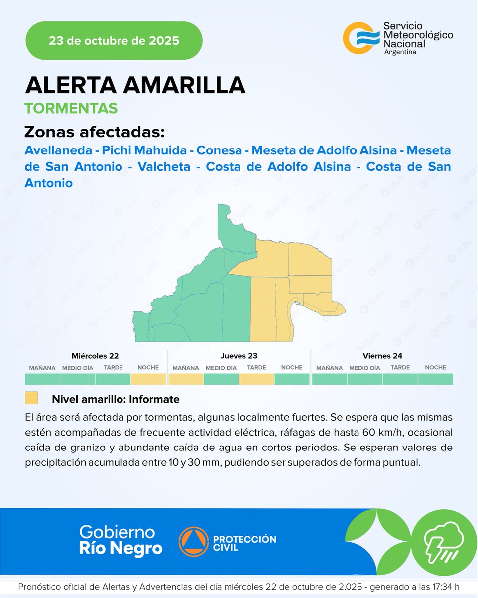 Jueves 23 de octubre | ⛈️ Alerta Amarilla por Tormentas en las Zonas de Avellaneda; Pichi Mahuida; Conesa; Meseta de Adolfo Alsina; Meseta de San Antonio; Valcheta; Costa de Adolfo Alsina; y Costa de San Antonio
