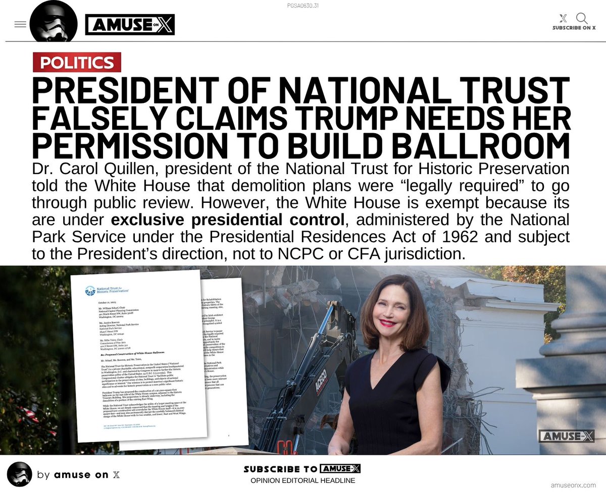 RESISTANCE: Former Obama-appointee and current President of the National Trust for Historic Preservation, Dr. Carol Quillen, falsely claimed the president needed her permission to build the White House ballroom. She didn't realize that unlike every other building in the Capital