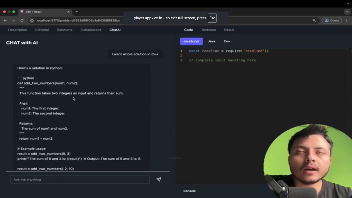 savita_gurjar30's tweet image. Topic: MegaProject: Leetcode

@rohit_negi9

Lecture 20: Finalize AI chatBot 

GitHubRepo:github.com/savigurjar/Lee… 

#LeetCodeProject #MegaProjectSeries #CoderArmy #RohitNegiBhaiya
