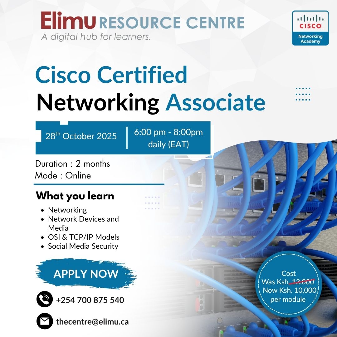 elimu_projects's tweet image. Looking to level up your tech skills and grow your career in networking? 
Here’s your chance! Elimu is now offering an online Cisco Certified Networking Associate (CCNA) class and the best part? You can sign up today at a discounted rate!
