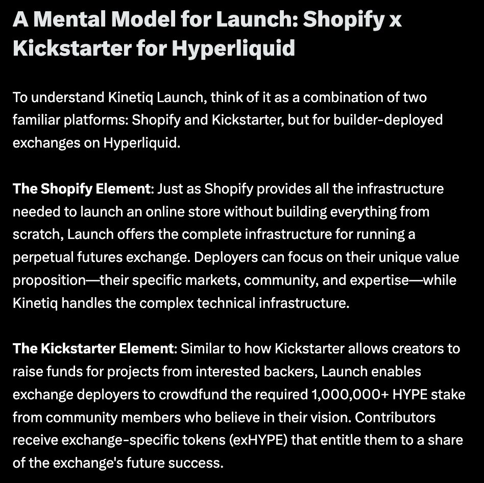 imo the biggest near term challenge for <a href="/kinetiq_xyz/">Kinetiq</a> is education and marketing. I'm assuming most people on CT still think it’s just another LST protocol. Few even know what Kinetiq Launch is, let alone HIP-3.

If they can shape the Jumpstarter x Shopify for perps  narrative and