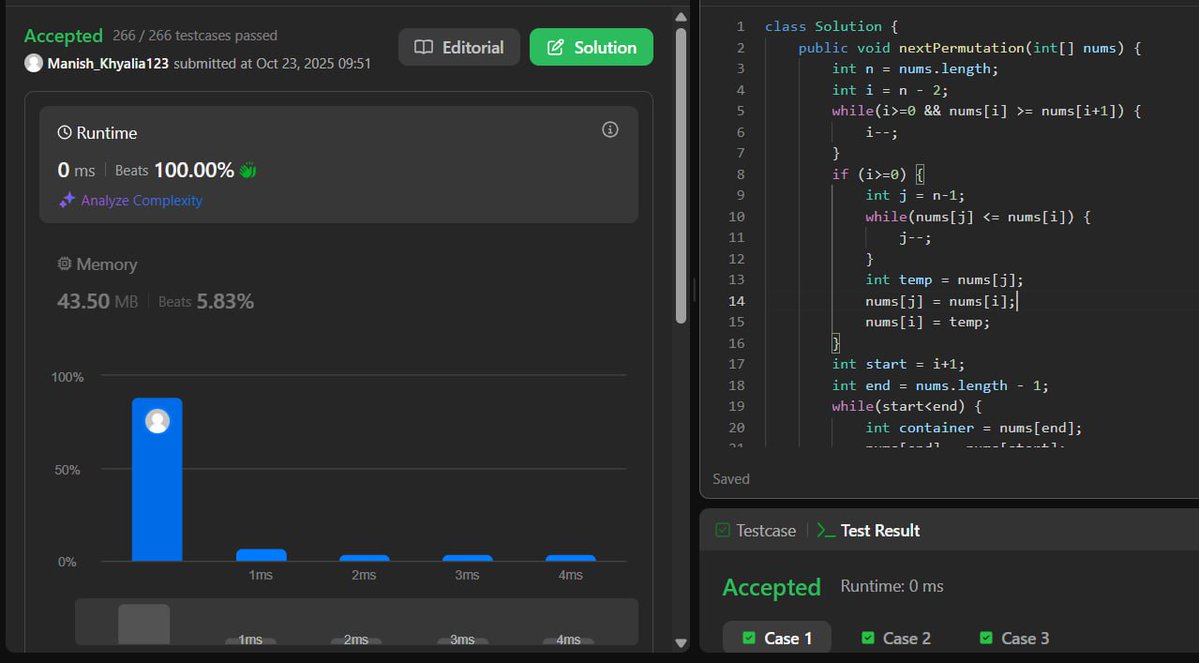 Manish_Kumar60's tweet image. Completed Next Permutation algorithm in Java 
Step-by-step: find breakpoint → swap → reverse.
#DSA #Java #Coding