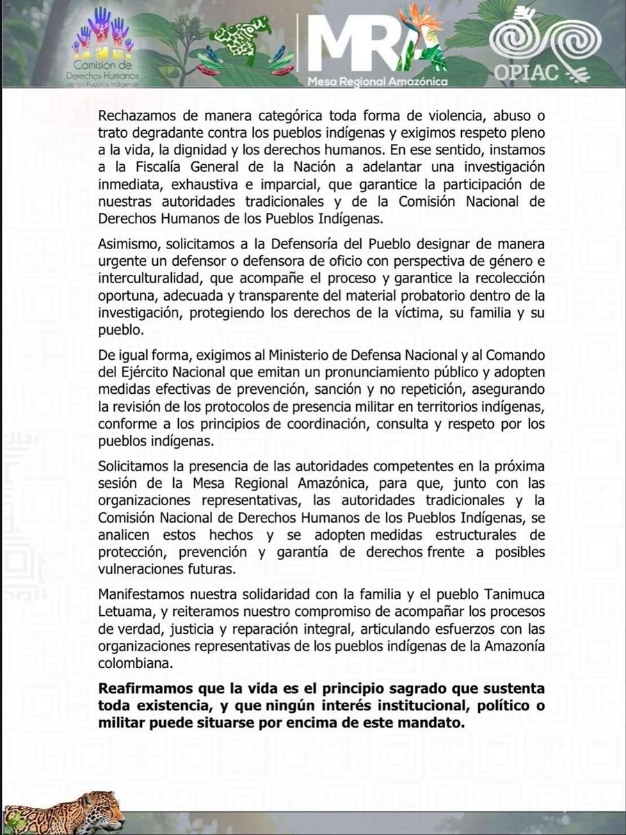 Desde la Mesa Regional Amazónica (MRA) y la Comisión Nacional de Derechos Humanos de los Pueblos Indígenas (CNDDHHPII) expresamos nuestra profunda indignación y preocupación ante los hechos que condujeron al fallecimiento de la niña indígena Zenaida Tanimuca Letuama, de 16 años.