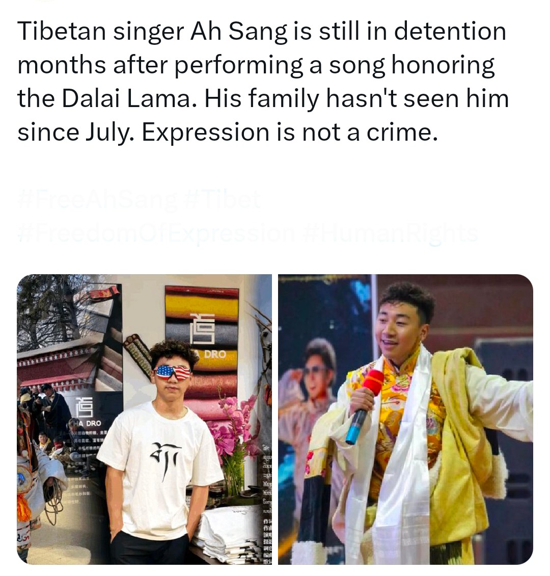 Tenzin__Tibet's tweet image. བོད་ཀྱི་གཞས་པ་ཨ་སངས་ཀྱིས་ཏཱ་ལའི་བླ་མ་ལ་གུས་འདུད་ཞུ་བའི་གླུ་གཞས་འཁྲབ་སྟོན་བྱས་ནས་ཟླ་བ་འགའ་འགོར་རྗེས་ད་དུང་བཀག་སྐྱིལ་བྱས། ཟླ་བདུན་པ་ནས་བཟུང་ཁོའི་ཁྱིམ་མིས་ཁོ་མཐོང་མ་མྱོང། གཏམ་བརྗོད་ནི་ཉེས་པ་མིན།
@DrewPavlou @MeghUpdates @mike877711 @ShengXue_ca 
#FreeAhSang #FreedonOfExpression