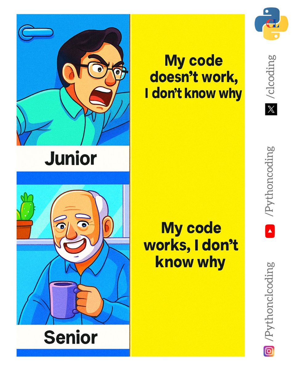 clcoding's tweet image. Why do juniors say it doesn’t work, and seniors say it works — but neither knows why?