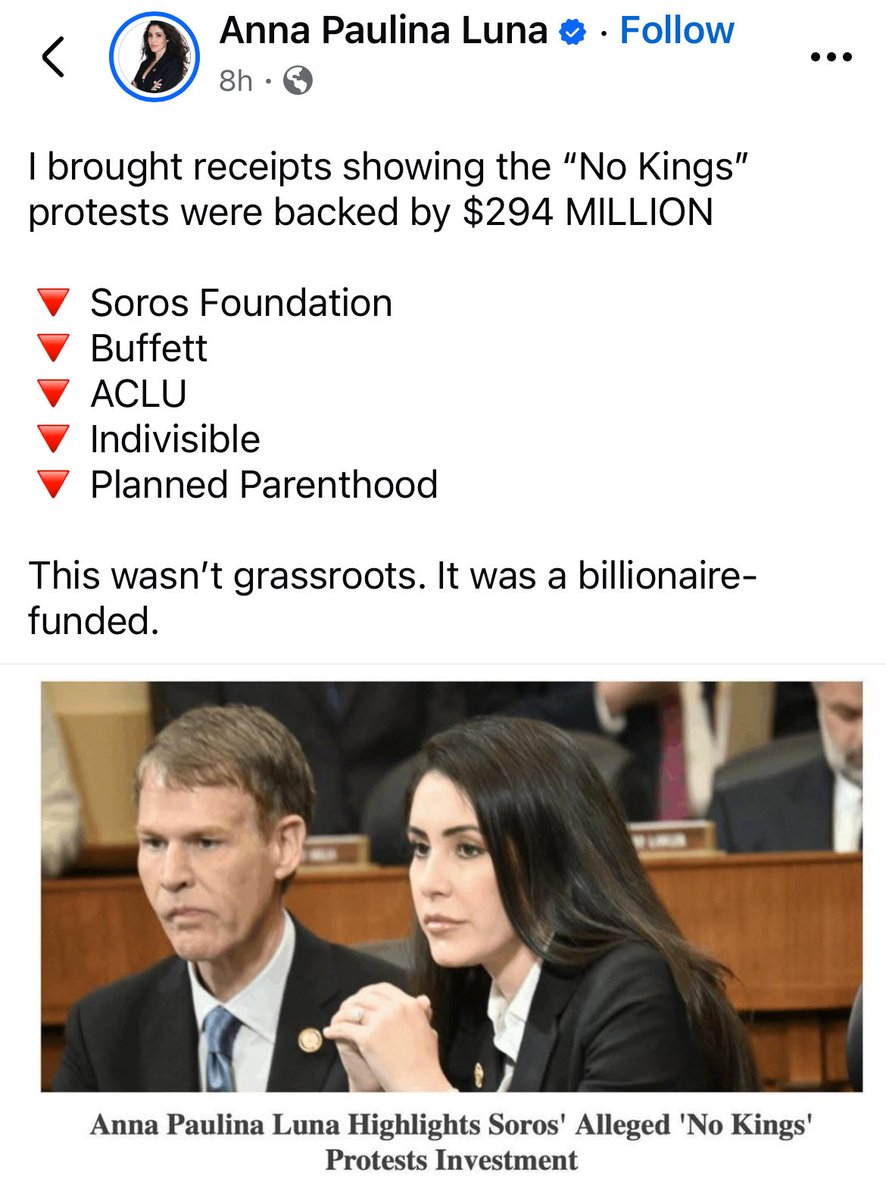 This is huge! No wonder the crowds were so large! <a href="/realannapaulina/">Anna Paulina Luna</a> has found proof that No Kings marchers were paid nearly forty-two cents each for participating