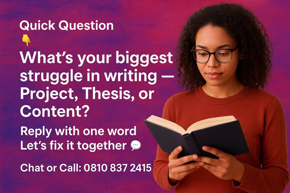 roshado96's tweet photo. Quick Question 👇🏽
What’s your biggest struggle in writing — Project, Thesis, or Content?

Reply with one word ✍🏽
Let’s fix it together 💬

Join my channel https://t.co/UvpGZHwwYV

📞 Chat or Call: 0810 837 2415 https://t.co/Hi0kgR7NH0