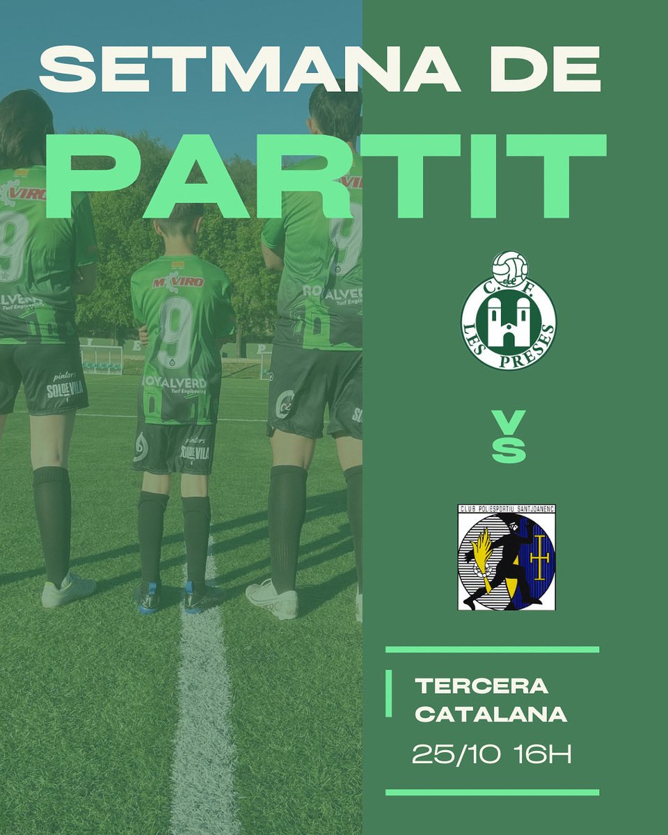 🔝PARTIT GRAN🔝

Aquest dissabte rebem al <a href="/cpsantjoanenc/">Club Poliesportiu Santjoanenc</a> en una nova jornada de Tercera Catalana🤞

Després de la victòria a domicili rebem a un equip que encara nova ha perdut i que es dels primers classificats☝🏻

Vine a acompanyar als nostres cap a la victòria🫡