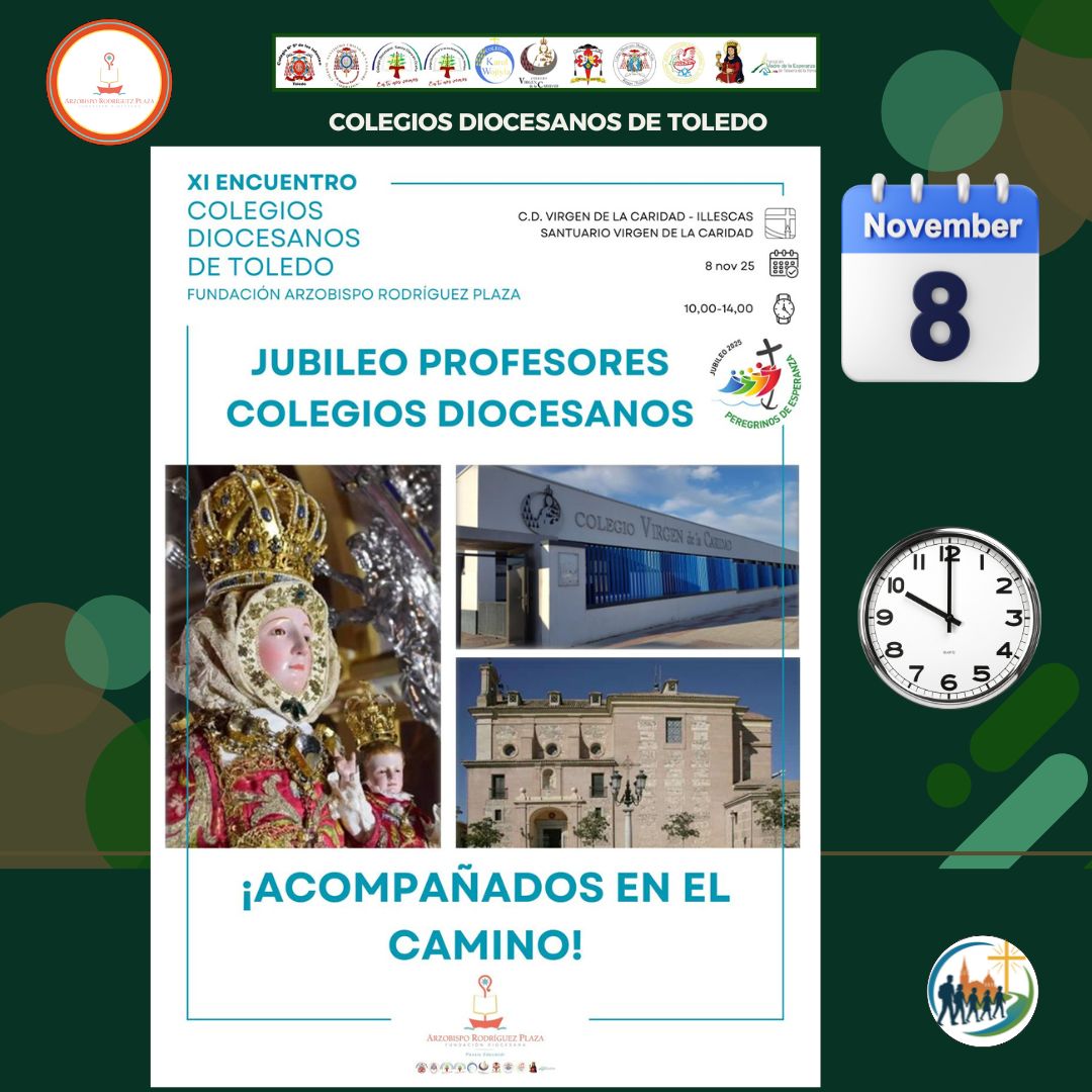 VIVE EL JUBILEO PROFESORES COLEGIOS DIOCESANOS
Te invitamos con alegría al Jubileo de los Profesores, un encuentro para renovar nuestra misión educativa, compartir experiencias y agradecer a Dios el don de enseñar. 
#diocesanostoledo #acompañadosenelcamino