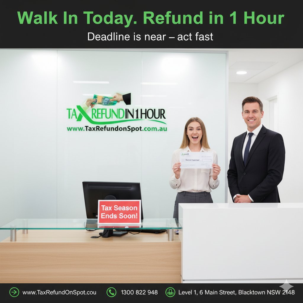 TaxRefundOnSpot's tweet image. WALK IN TODAY. REFUND IN 1 HOUR DEADLINE IS NEAR - ACT FAST. TAX SEASON END SOON.
#walkin #refundin1hour #actfast #seasonendsoon #1hour #australia #taxrefundonspot.com.au