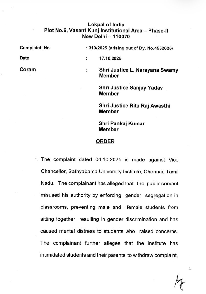 arvindgunasekar's tweet image. A student from Sathyabama University, Chennai has filed a complaint with Lokpal over ‘gender segregation’ in classrooms. 

The student has alleged that “University is not permitting male and female students to sit together in classrooms… causing mental distress…”

Alas, though…