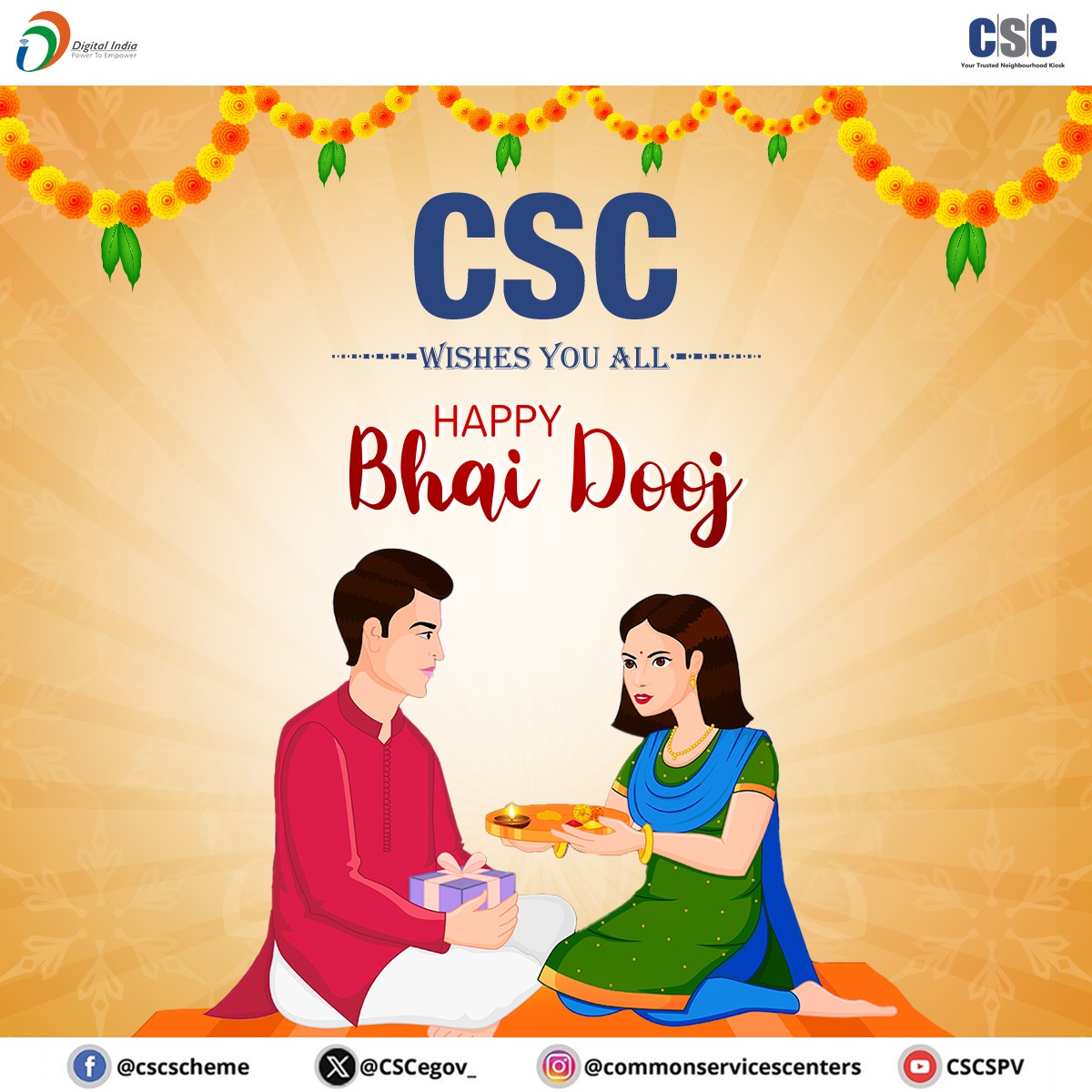 CSCegov_'s tweet image. Sister/Brother is not just our first friend but also our friend for life and they have always been there to share the happy & sad times, to guide and help us, to support us, and the one who always motivates us.
#CSC SPV wishes you all a Happy #BhaiDooj...
#CSCSPV #Digitalindia…