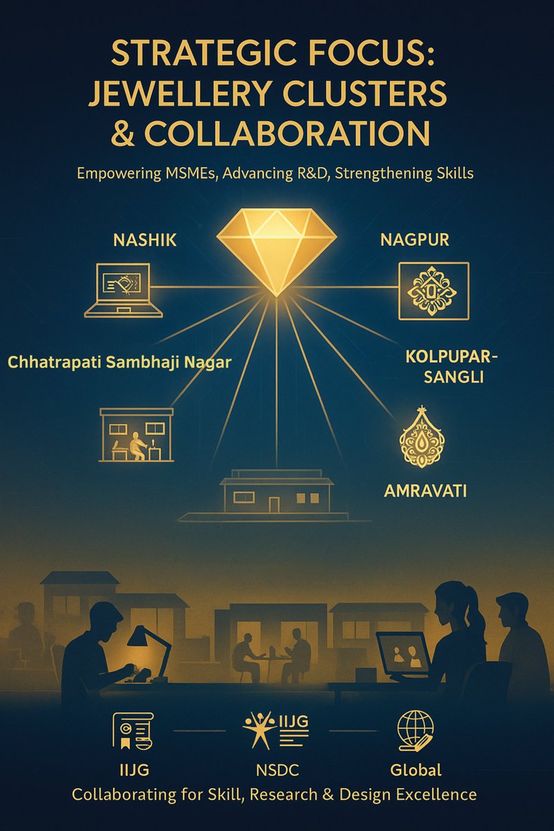 MAITRI (@maitri_ifc) on Twitter photo Strategic Focus: Clusters, R&D and Skills
The policy commits to dedicated jewellery clusters (Nashik, Nagpur, Chhatrapati Sambhaji Nagar, Kolhapur–Sangli, Amravati), plug-and-play facilities for MSMEs/startups, and targeted R&D — including lab-grown diamonds, cultured pearls and Strategic Focus: Clusters, R&D and Skills
The policy commits to dedicated jewellery clusters (Nashik, Nagpur, Chhatrapati Sambhaji Nagar, Kolhapur–Sangli, Amravati), plug-and-play facilities for MSMEs/startups, and targeted R&D — including lab-grown diamonds, cultured pearls and
