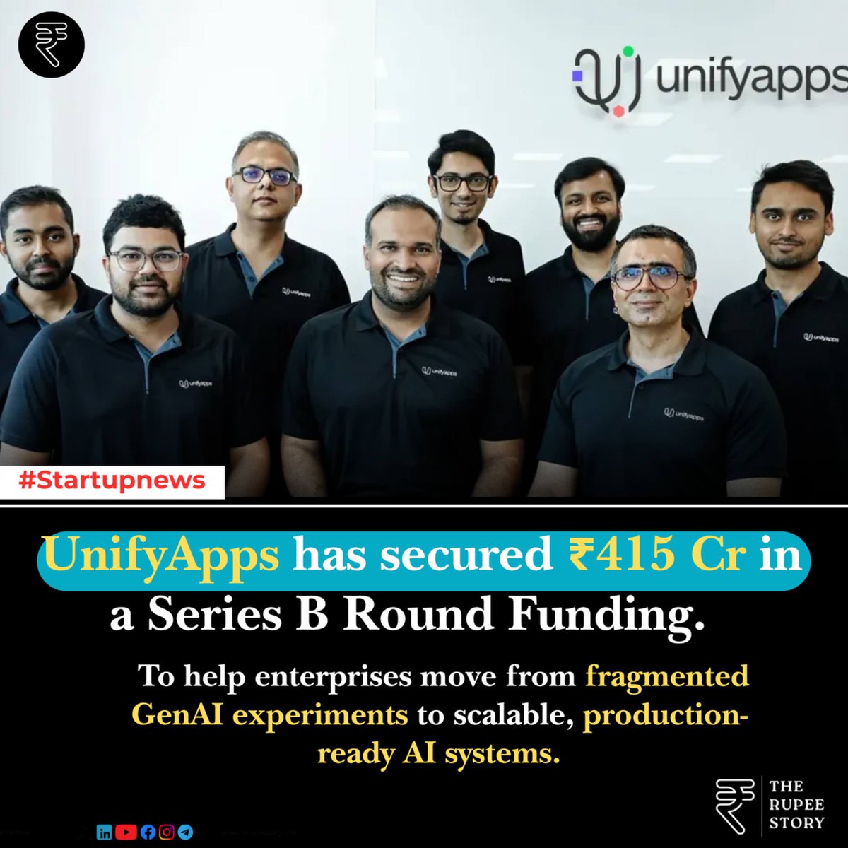 therupeestory's tweet image. Enterprise AI platform UnifyApps raises $50 Mn (₹415 Cr) in Series B led by WestBridge Capital — total funding now $81 Mn!

600% YoY growth
Low-code/no-code AI OS for enterprises
Clients: HDFC Bank

#UnifyApps #StartupNews #Funding #IndianSaaS #EnterpriseAI #AI #TechIndia
