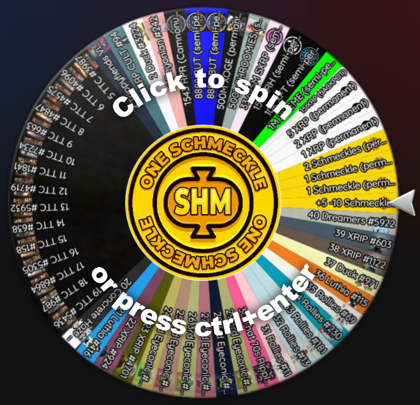Schmeckles_XRPL's tweet photo. 🎡Whirly Dirly Prize Wheel 🎡

🔐Permanent: 1 XRP, 2 XRP, 5 XRP, 1 Schmeckle, 2 Schmeckles, '+5 - 10 Schmeckles' + 500M @ClassyXoge

📅Weekly Reloads: 5 XRP (now at 15 XRP) + 15k XRH (@TheRabbitH0LZ) + 1M @xmemecoinxrpl (@Stone_XRPL) + 10k XFT (@IMUTV_tv) + 33,625,000 @SEXRP_MEME + 500k @ShroomiesXRP + 2x 8888 @blueumbrellabut (@OptimysticPrime)
 
🫡Sponsorships:
TTC NFTs (@TwinTowerCity)
3rd Eyeconic NFTs (@3rdEye_XRP)
+ more

😎 Prizes decided by our biggest winners last week:
@Camnonumbers with 1543 RPR (@Capital_Revival)

🏆Subscribers get 1.5x Schmeckles & XRP prizes!

🙌With thanks to these XRPL creators: 
@duck_wtd, @TRIPPYFIENDS, @rustymoonNFT, @XrpFuNNyGuY, @lu_t_hia, @CreationChemist, @Yoniverse_000, @BPMRevellers, @RolliesXRP + more

Sponsor the Wheel with your XRPL token/NFT/merch! DM us ASAP!
