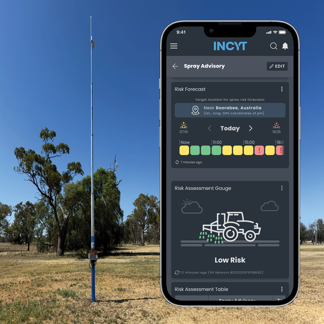 Make confident spraying decisions with INCYT's Spray Advisory Package. With our 10-metre inversion tower, this system captures key data on temperature, inversion risk profile, Delta T, humidity, rainfall, wind speed and wind direction.

Check it out in our webshop!