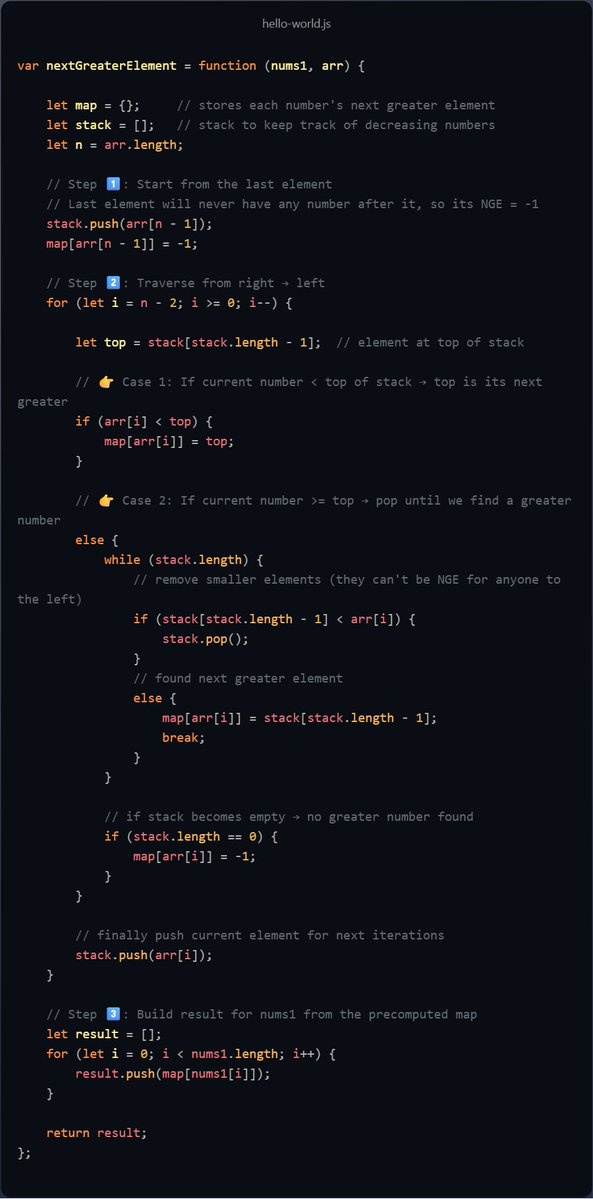 meghraj_thakre1's tweet image. Day 43 of my #DSAGrind 💻
Solved “Next Greater Element” using a monotonic stack — learned how O(n²) brute force turns into O(n) magic with smart logic 🔥
Grind continues, one problem at a time ⚡
Big thanks to @akshaymarch7 for the constant guidance
#100DaysOfCode #JavaScript