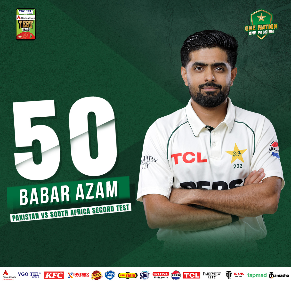 TheRealPCB's tweet photo. Babar Azam brings up his 30th Test half-century🔥

#PAKvSA | #GreenPeYaqeen https://t.co/tmOR5bzmMf
