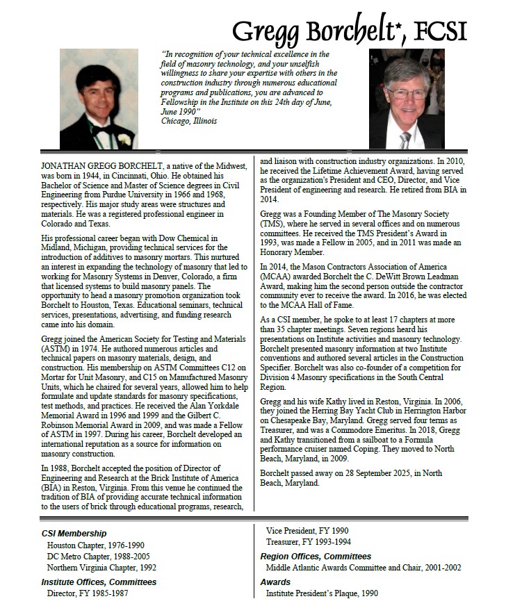 The CSI College of Fellows regrets to announce that Gregg Borchelt, FCSI, Class of 1990, passed away on 28 September 2025.