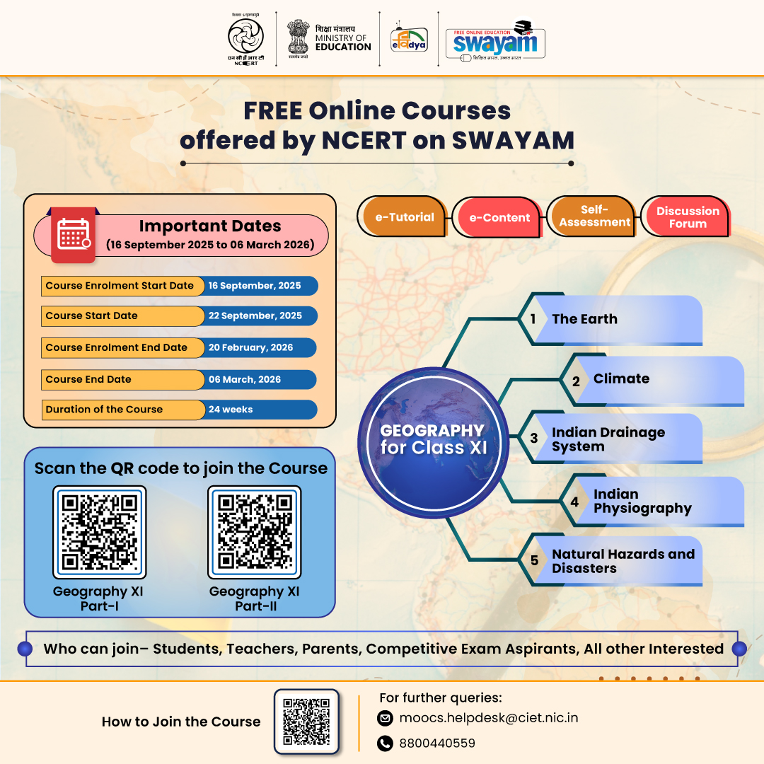 ncert's tweet image. Embark on a global adventure and uncover the secrets of physical landscapes from the comfort of your home! 
Join the FREE Online Course on Geography offered by NCERT on the SWAYAM portal and discover the wonders of our planet. 
Click here to join the course-…