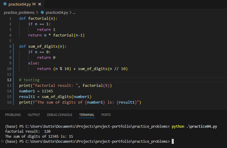 I added the sum of the digits in a number by using recursion.