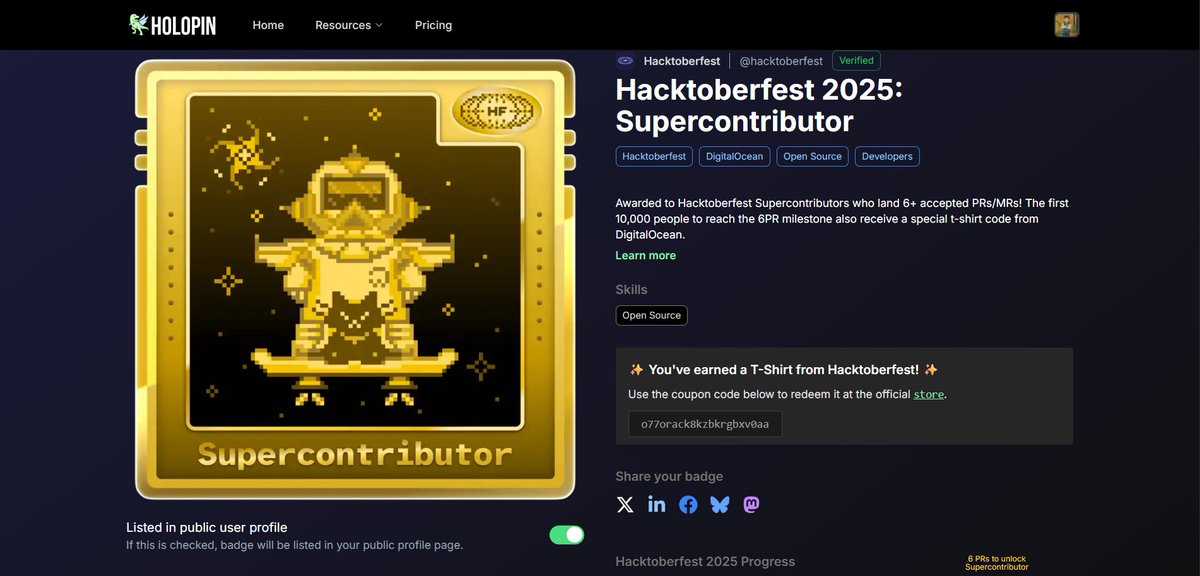 yashwakde548834's tweet image. Proud to have earned the Super Contributor title at #Hacktoberfest!
From @sheryians_  Coding School (Cohort 1.0) to the global open-source community — it’s been an incredible journey of learning, collaboration & code. 🚀
#OpenSource #Coding #tech