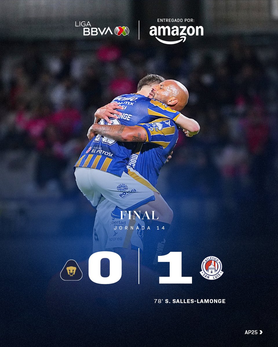 LigaBBVAMX's tweet image. ¡Los Potosinos pegan en CU! 🔥

@AtletideSanLuis sale con los tres puntos de la capital y se meten de lleno a la pelea por la Fase Final. 👏

#EntregamosTodoPorElFut y @amazonmex nos entrega el marcador. 📦

#J14 #AP25 #LaLigaDeLaAfición | #AmazonMX