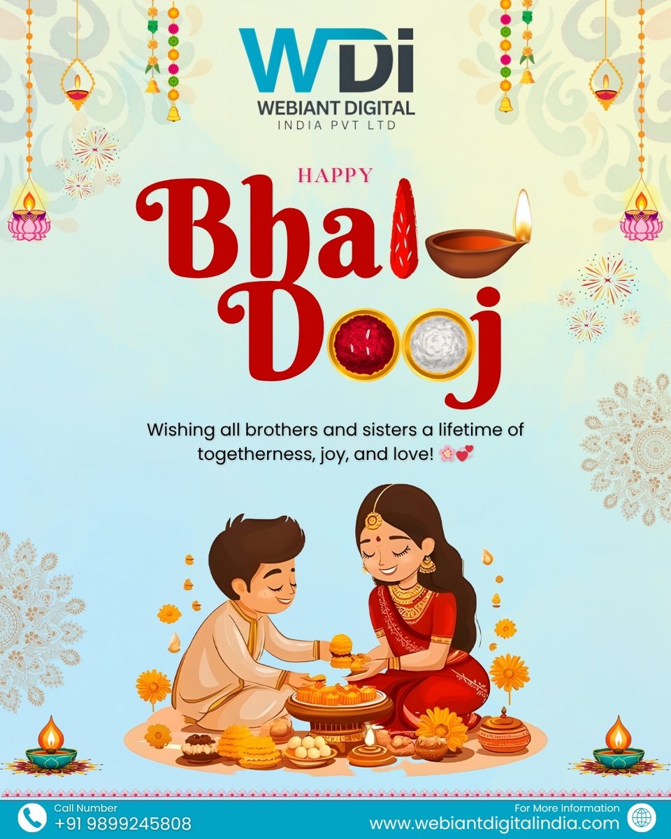 webiantdigital's tweet image. 🌸 𝐇𝐚𝐩𝐩𝐲 𝐁𝐡𝐚𝐢 𝐃𝐨𝐨𝐣! 🌸
💫 Celebrating the timeless bond of love and trust that brightens every heart! 💛

#HappyBhaiDooj #BhaiDoojCelebration #WebiantDigitalIndia #FestiveJoy #BrotherSisterBond #DigitalGrowth #CelebratingTogethe