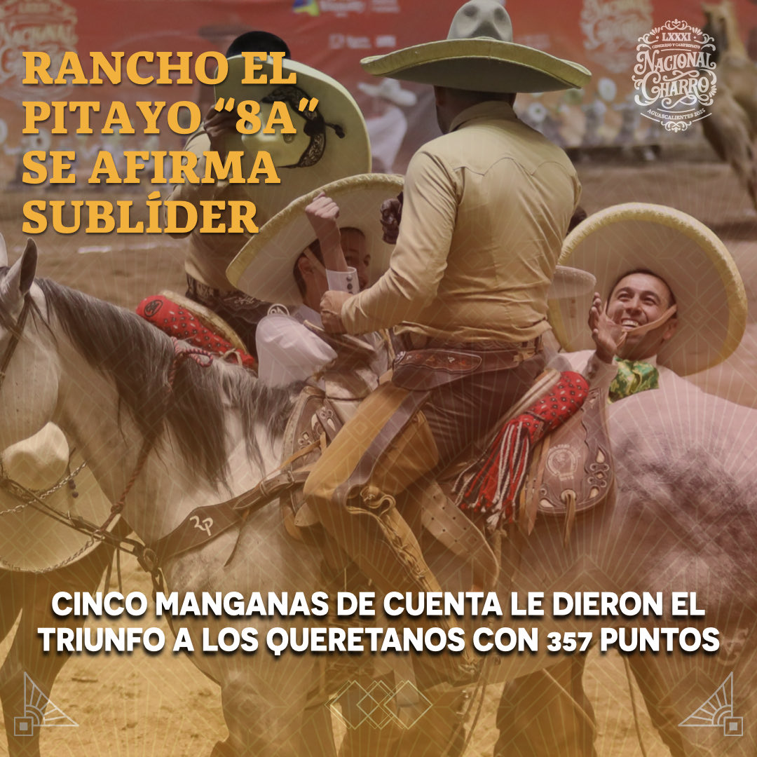 📣Rancho El Pitayo “8A” de Querétaro se afirma en el segundo escalón de la división de plata #NacionalCharro2025 🐴

💠 La marca de 357 puntos que logró el escuadrón de Querétaro le permite instalarse en el subliderato general de la categoría "AA", quedándose al paso de la muerte