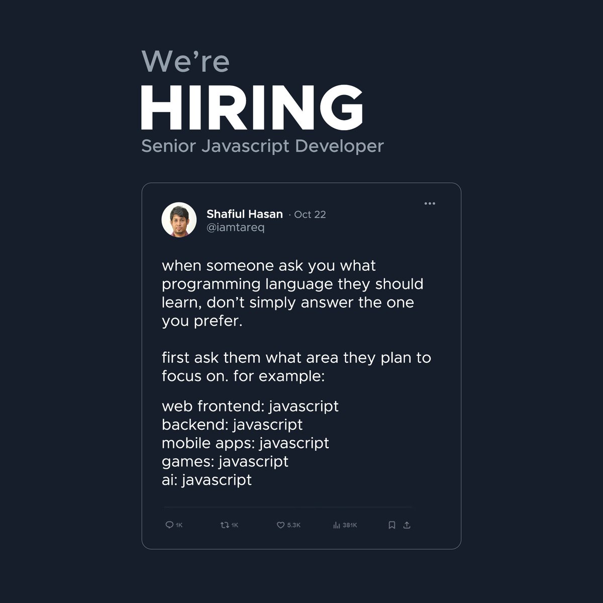 VivasoftLtd's tweet image. Sometimes in life, a chance comes that you should not let slip away.

Vivasoft is looking for a Senior JavaScript Developer.

If you love writing code and are not afraid of challenges, this might be the one for you.

📷 Apply here: vivasoftltd.com/career/hiring-…