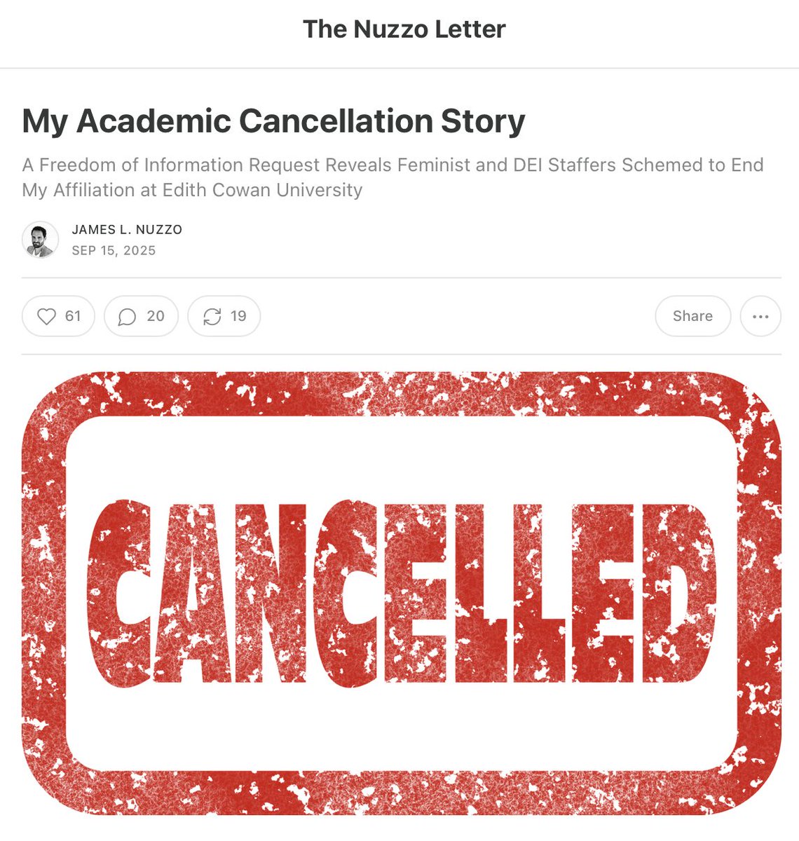 JamesLNuzzo's tweet image. Today, I was informed by colleagues that ECU has announced Prof Rowena Harper will step down next year as Deputy VC of Education.

I discussed Harper in my academic cancellation story.

See Part 11: Critical Pedagogy and the ECU Podcast That Caused a Stir
jameslnuzzo.substack.com/p/my-academic-…