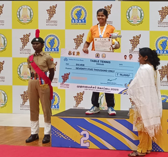 V. Mouriya Dharshini, I Year, (2024-25 Batch) of VCRI, Theni, TANUVAS bagged Silver medal for Table Tennis in the C M Trophy-2025, conducted from 10.10.2025 to 13.10.2025 at Tamil Nadu Physical Education and Sports university, Chennai