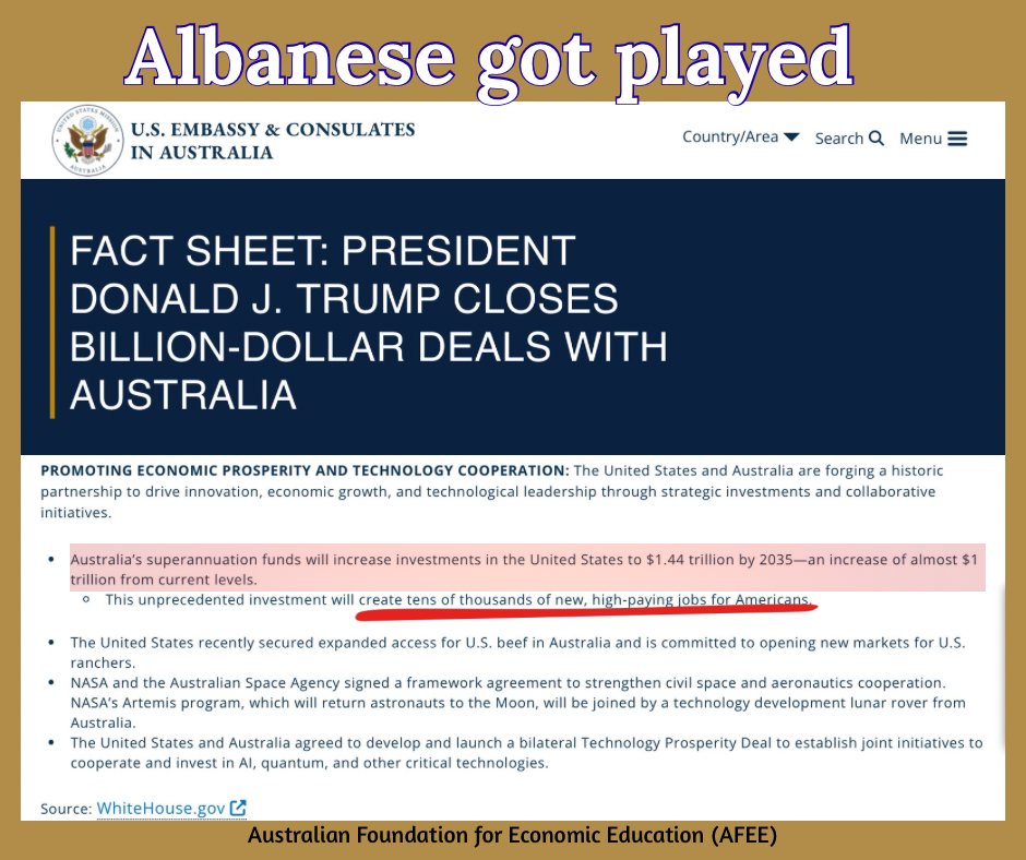 Thanks to our weak prime minister <a href="/AlboMP/">Anthony Albanese</a>, Australia's forced 'retirement savings' will now boost high-paying American jobs. Seems fair 🤔