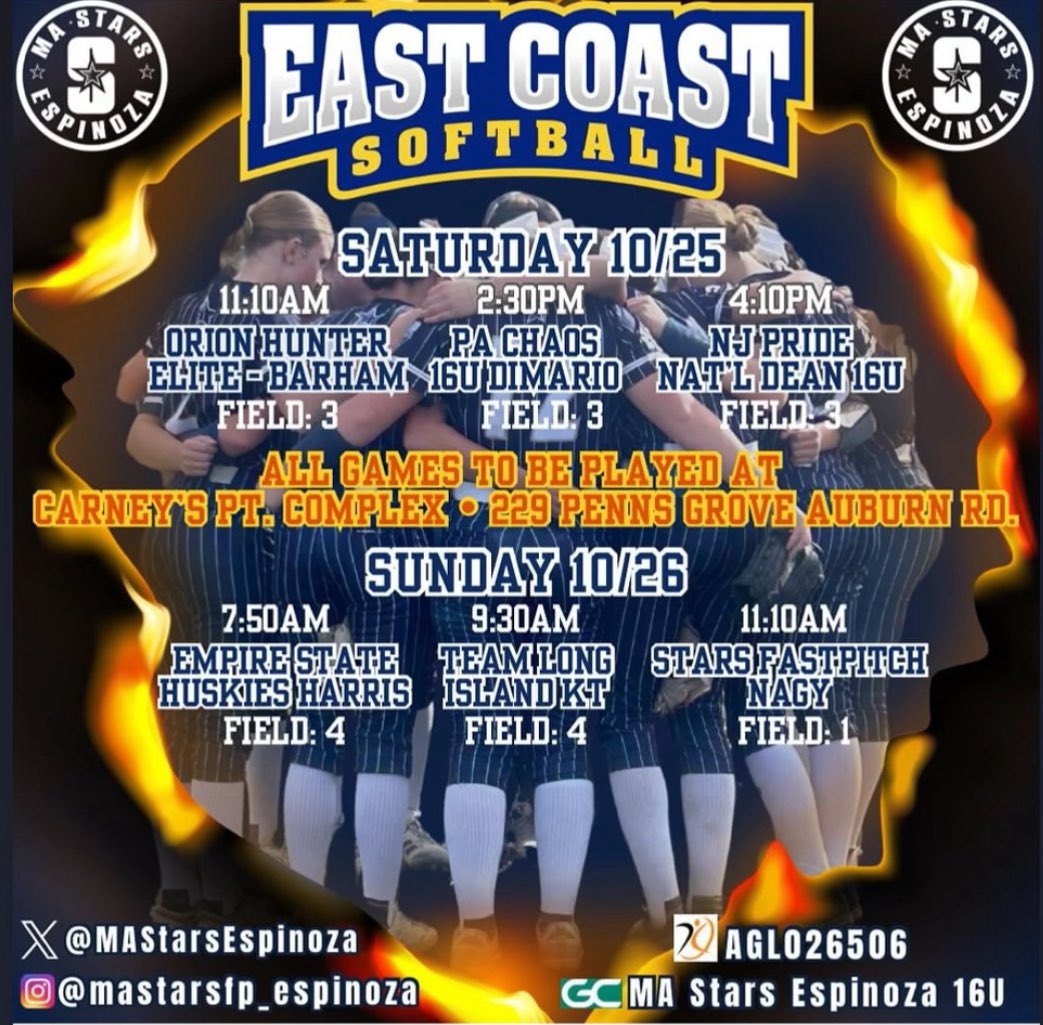 Schedule drop ⬇️ for the <a href="/eastcoast_sb/">East Coast Softball</a> Fall showcase in NJ! Come check out some great softball.  

<a href="/LineDsoftball/">Line Drive Media</a> <a href="/SoftballDown/">Down South Softball</a> <a href="/DirectRecruits/">Direct Recruits</a> <a href="/MSPtakeover/">Minority Softball Prospects</a> <a href="/TOP_D1RECRUITS/">Softball Top Preps Retweet</a> <a href="/D1Softball/">D1Softball</a> <a href="/d1fastpitch1/">D1 Fastpitch</a> <a href="/CoastRecruits/">Coast 2 Coast Recruits</a> <a href="/Get2CollegAth/">Get 2 College Athletics</a> <a href="/SBRRetweets/">Softball Recruiting Reposts</a> <a href="/ExtraInningSB/">EXTRA INNING SOFTBALL</a> <a href="/SoftbalAmerica/">Softball America</a>