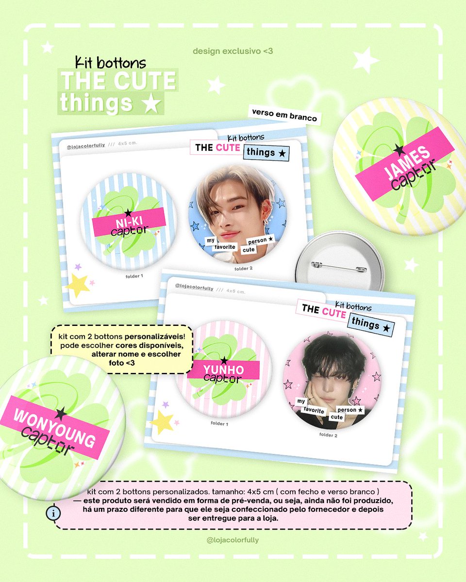 lojacolorfully's tweet image. cute trinkets 🍀🍥
৻ 🆕 kit de bottons incrivelmente personalizados para usar em qualquer lugar ! ♡ disponível em breve, aqui na @lojacolorfully 💗 who will you capture ?