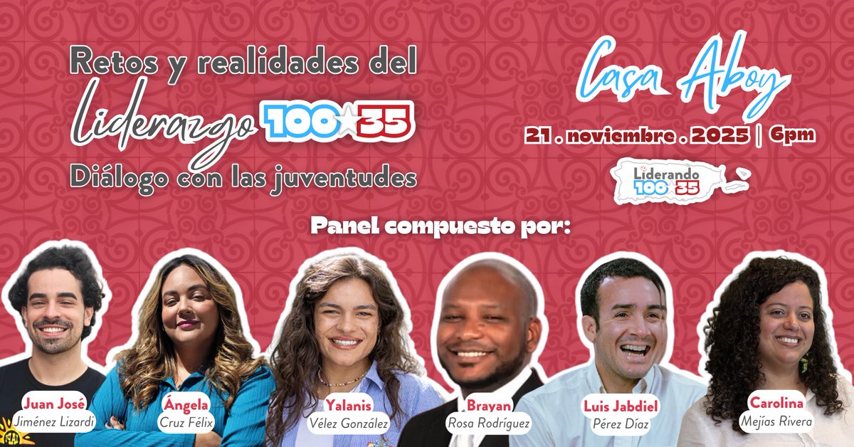 Acompáñanos en nuestro evento de networking, que incluirá el panel Retos y realidades del liderazgo 100x35: un diálogo con las juventudes. 

Confirma tu asistencia haciendo la aportación que desees. Haz tu dontivo hoy 👉🏽 Givebutter.com/100x35 

#Liderando100x35  #GivingTuesday