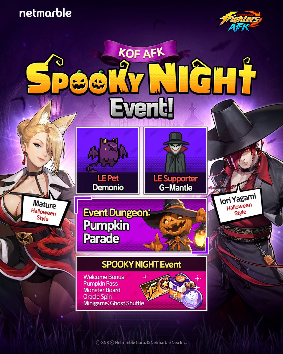 kof_afk's tweet photo. 👻 SPOOKY NIGHT event begins! 🎃

From special Fighter summons to brand-new dungeons and a packed event calendar this Halloween is full of tricks and treats!

Earn a unique pet! 🐾

Check for participation details:
https://t.co/d3SFLsYiFE

#TheKingOfFightersAFK
#KOFAFK https://t.co/oQmzOH5eag