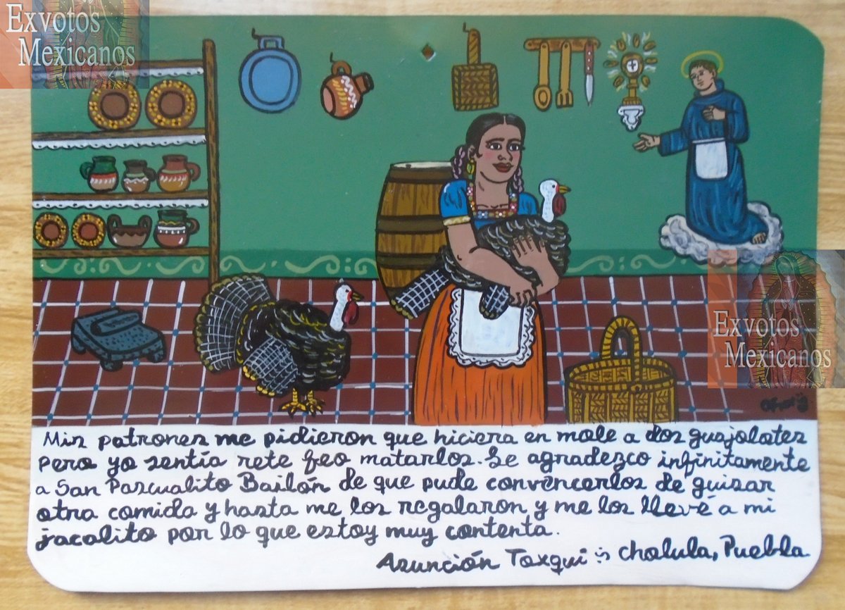 Exvoto original pintado a mano en lámina de metal dedicado a San Pascual Bailon, a la venta, medidas: 20x28cms Pieza unica firmada por su autor #art #handmade #Mexico #mexicanexvotos #exvotosmexicanos #sanpascualbailon #miercolesderetablos #LaGranjaVIP #guajolote #comidamexicana