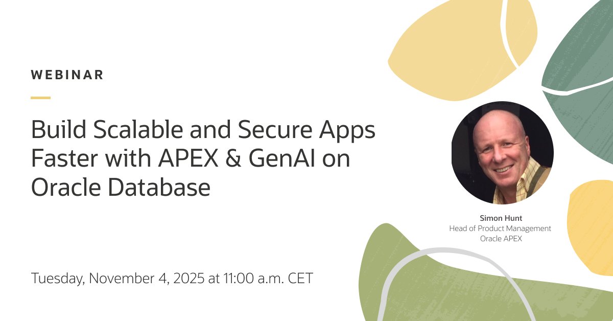 OracleAPEX's tweet image. Want to build enterprise apps in record time? 

🌟 On November 4, discover how Oracle APEX + GenAI on Oracle Database supercharges scalability &amp;amp; security

Register now: social.ora.cl/6015A7QT3

#orclAPEX #LowCode