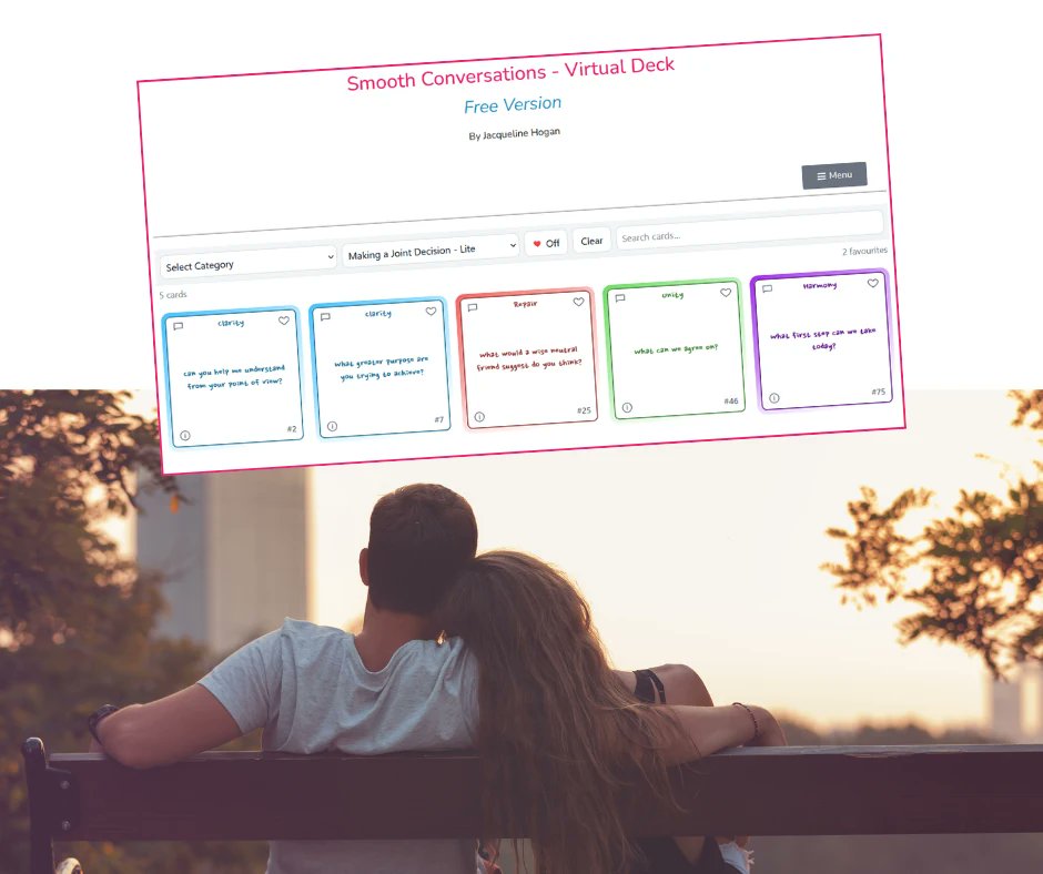 jacquihogan12's tweet photo. Have you tried a smooth conversation sequence yet? There are 5 free ones - including 1 to help you make decisions together, and another to check in with each other after an argument. Check it out at https://t.co/9LYRyiKSqq today!

#couplestherapy  
#marriagetherapy https://t.co/JvmgxYpp1X
