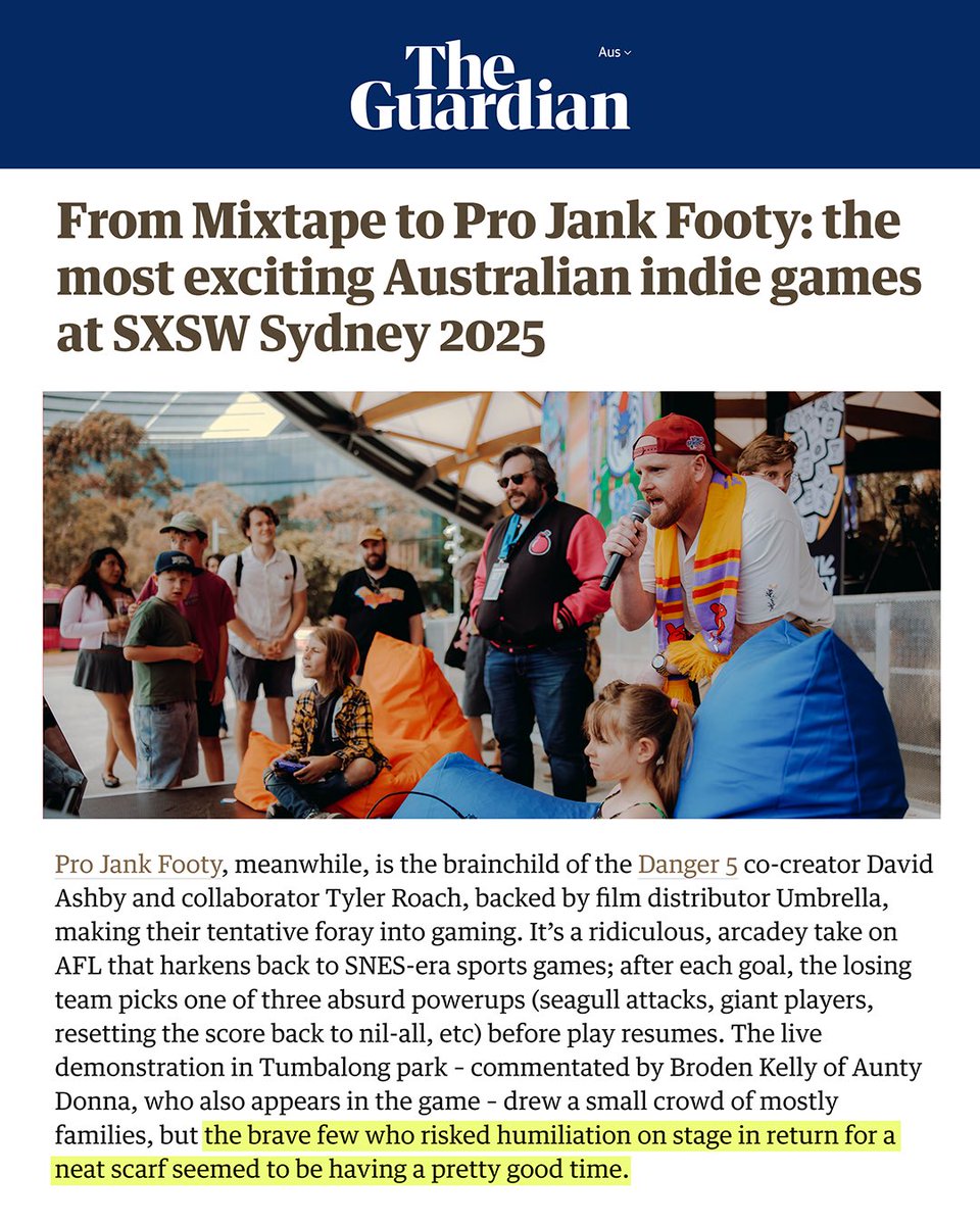 How’s this? The Guardian has called PRO JANK FOOTY one of the “most exciting Australian indie games at SXSW Sydney” alongside Mixtape and other celebrated titles!
 
Footy fever is taking over 🏆