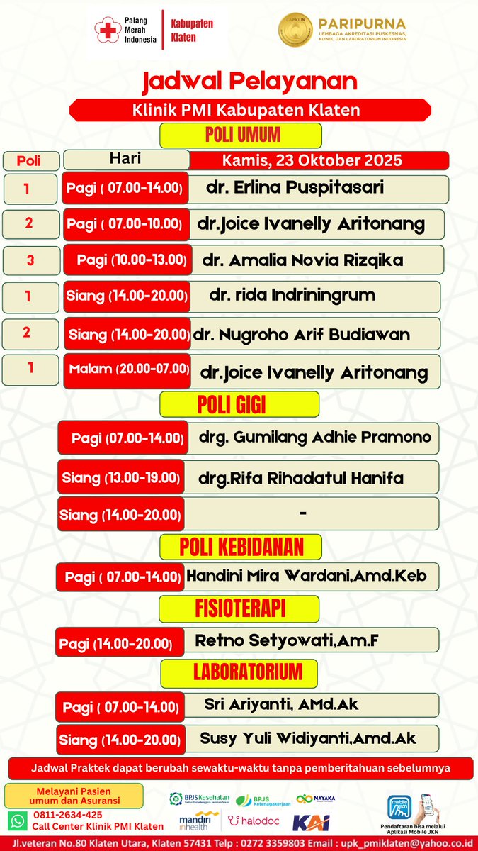 #HalloSahabatPMI

Berikut kami sampaikan Jadwal Pelayanan Klinik PMI Kabupaten Klaten
📅 Kamis , 23 Oktober 2025

📍 Klinik PMI Kabupaten Klaten – Jl. Veteran No.80 Klaten Utara
☎️ Call Center: 0811-2634-425