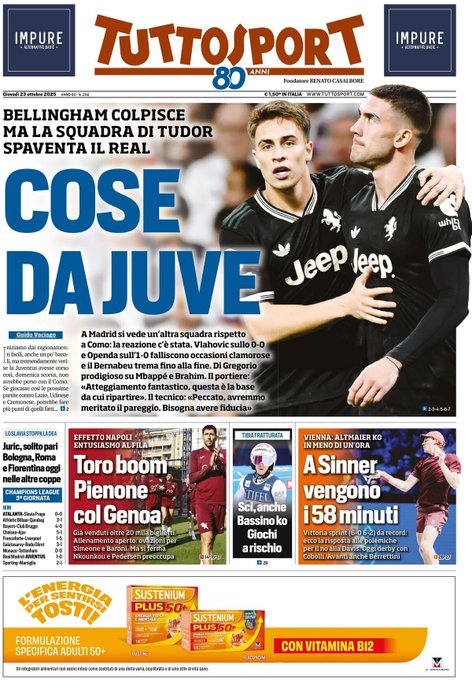 Front Page, Tutto Sport, Thursday 23 October 2025
