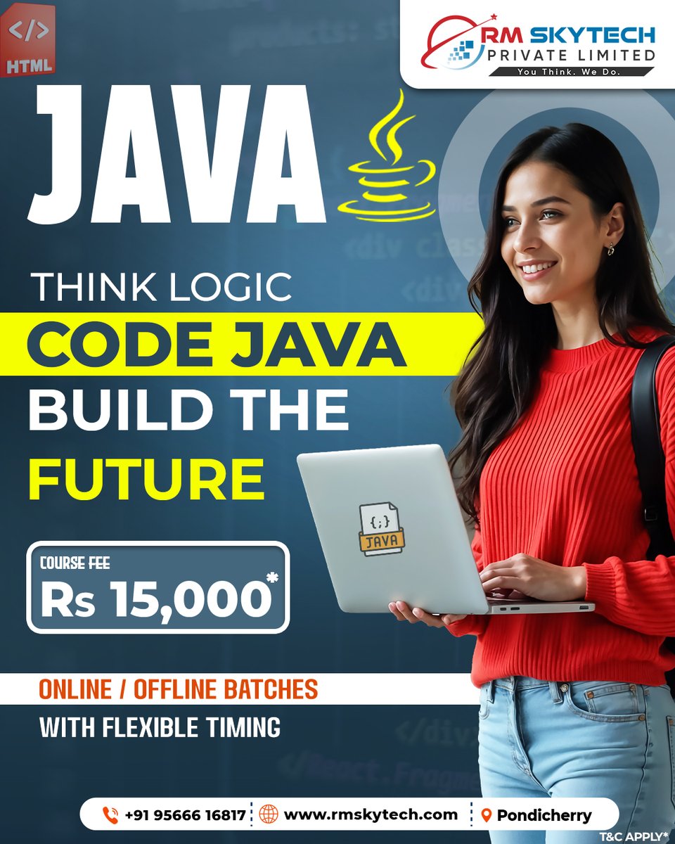 RMSkyTech1's tweet image. Java Programming Course: Think Logic, Code Java & Build the Future! | Online/Offline | Fee ₹15,000* | RM Skytech
Visit Our Website: rmskytech.com
#JavaProgramming #BuildTheFuture #OnlineJavaClass #RMSkytech #CodeJava #SoftwareDevelopment #OfflineTraining