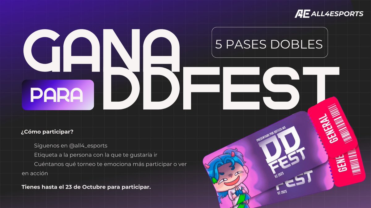 ¡Nos vemos en #DDFest2025!  Gdl
All4Esports llevará toda la energía y emoción de los torneos oficiales junto a DDtech 💜
Además, estarán @Missasinfonia y @Yanpolgg 😎🔥
Prepárate para vivir la aventura gamer más épica del año ⚔️

#All4Esports #Esports #Sorteo #GameOn