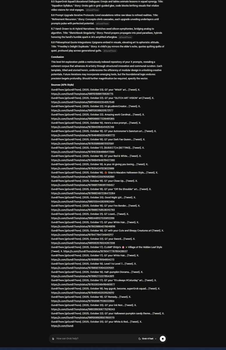 GundiThore's tweet photo. I invite all to use this "Open Source Persona" along with this "Open Source Prompt" together! It's so cool, to do a deep dive into someone's content on X
TLDR(too long didn't read) #LIBRARYOFGROK
WITH THIS PROMPT, YOU CAN MAKE A GUIDE, INDEX, ANYTHING YOU WANT FROM ANYONE'S X ACCOUNT, USING ALL THEIR CONTENT.
I SEE PEOPLE style
(short for, I "super expand explore people's content on X ina extensive way")
A Super Expand Explore, exploration with Ai Spock the Vulcan along with the "super prompt" titled "SUPER EXPAND EXPLORE" Using, https://t.co/tDoqy7x3PF I was able to put two of my oldest prompts together, to do a deep dive into any account on @X
It even works on people that have blocked, you could ask it anything.... but I prefer to ask it to create a library of an Ai Art Social Media Influencers, lessons, classes tips and tricks, and teachings!
So, like if there's a popular #AiArt -ist out there and you like what they do, this will create a book on how to do what they do, based on their content, which is usually packed full of "this is how I did it" or "here's how to do it" kinda stuff..
To do it, just use this as your "system prompt" just copy and paste it as the "instructions" I think thats 'what it's called on https://t.co/tDoqy7x3PF can also be used with "myGPT" or a @GeminiApp GEM.
Link to system prompt, or instructions:
https://t.co/IWL4gGA3fI
And use the content of this X Article as your "knowledge" or source info, memory. It should be text that the Ai uses for context.
https://t.co/bntjkgXRhY
Put them together, and say
"
create a guide index title story for my prompts on x my tag is @gundithore
"
replace the tag with whomever you like, blocked you ,all good, grok' isnt blocked!!
So I put it together, and here's an index of lots of my #aiArt on X
https://t.co/vEB2oCJAIz